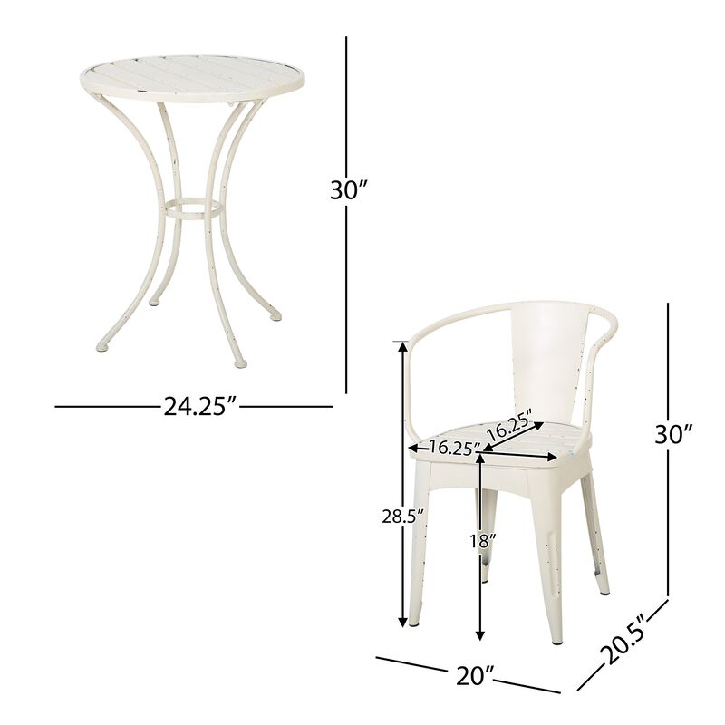 Rune 3 Piece Outdoor Dining Set, 1 Round Table, 2 Chairs, White Iron - Benzara