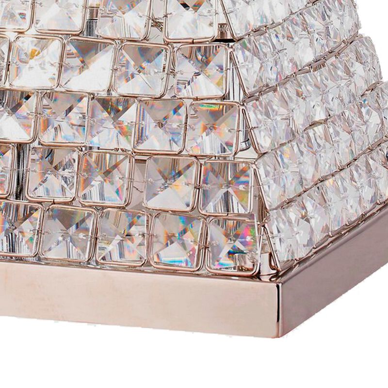 14 Inch Table Lamp, Crystal Pyramid Shaped Frame, Stone Studded, Silver - Benzara