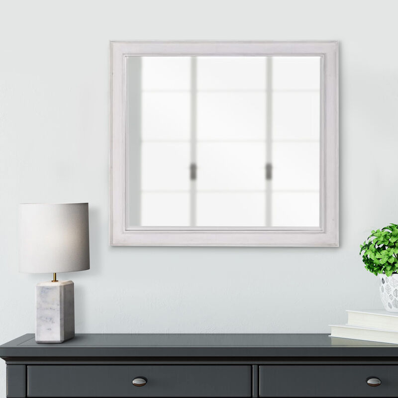 42 Inch Wall Mirror, Molded Sleek Wood Frame, White-Benzara