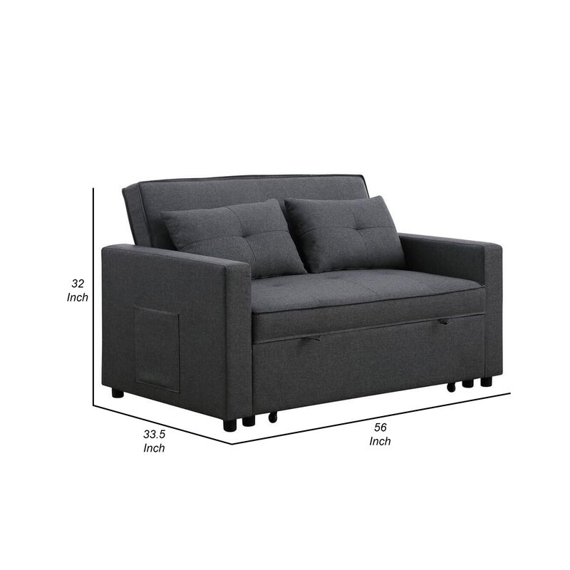 Vito 56 Inch Convertible Sleeper Loveseat with Side Pocket, Dark Gray Linen-Benzara