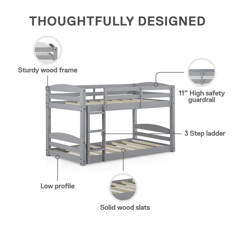 DHP Sierra Low Profile Twin over Twin Bunk Bed with Ladder, Gray