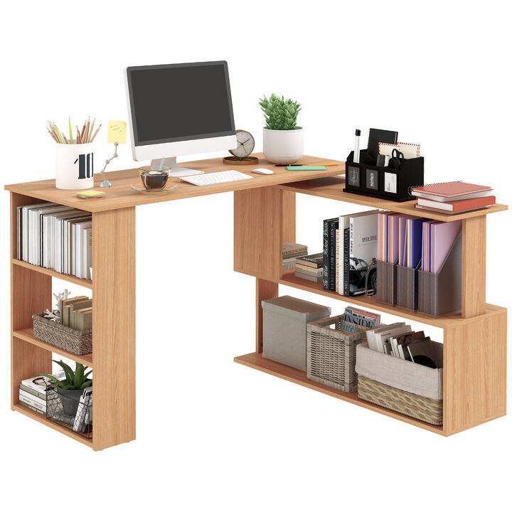HOMCOM L Shaped Corner Desk, 360 Degree Rotating Home Office Desk with Storage Shelves, Writing Table Workstation, Maple