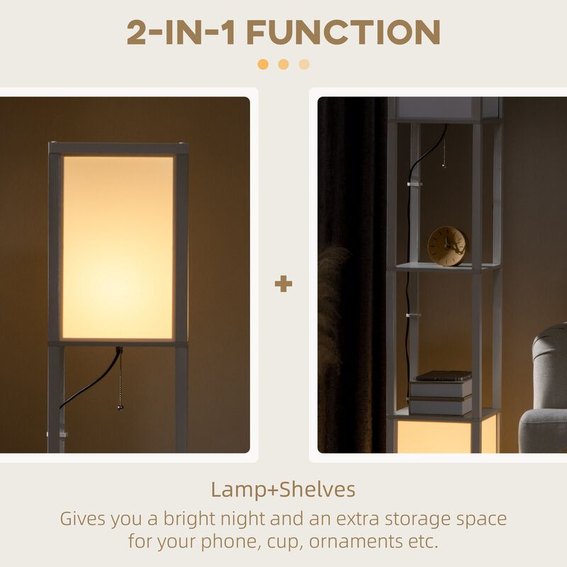 White Living Space Lighting: 2-Light Floor Lamp with Fabric Shade & Shelf