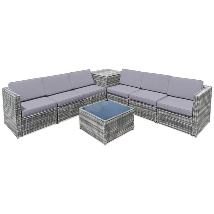 Hivvago 8 Pieces Wicker Sofa Rattan Dining Set Patio Furniture with Storage Table