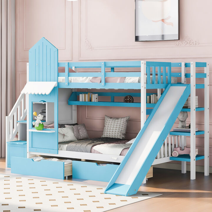 Twin Over Twin Castle Style Bunk Bed With 2 Drawers 3 Shelves And Slide