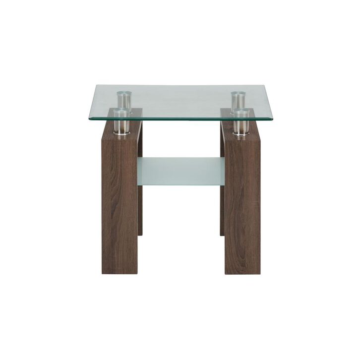 Jofran Compass Clear Modern Glass End Table, Brown Wood and Glass