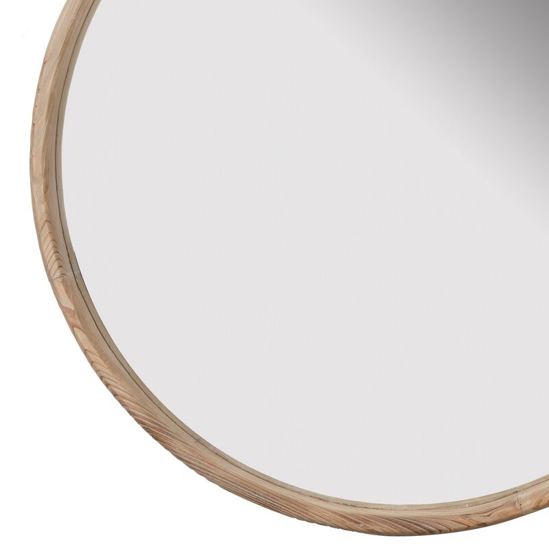 28 Inch Round Wall Mount Accent Mirror, Natural Fir Wood with Subtle Grains-Benzara