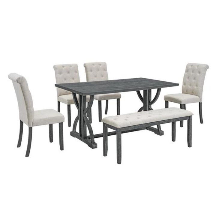 6-Piece Retro Dining Table Set Rectangular Table with Chairs & Bench for Kitchen or Dining Room