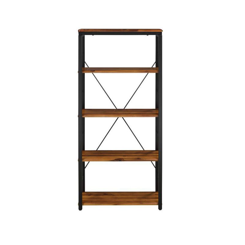 Industrial Bookshelf with 4 Shelves and Open Metal Frame, Brown and Black-Benzara