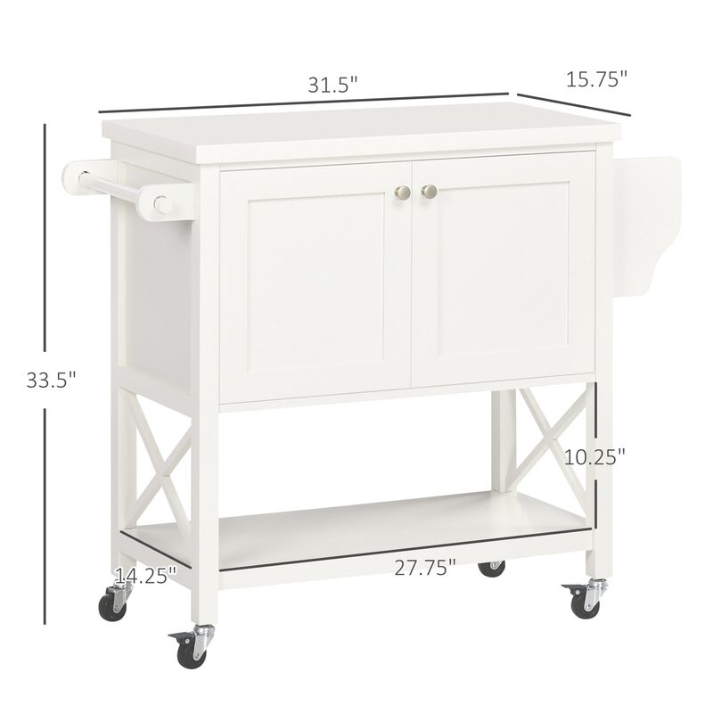 White Kitchen Helper: Mobile Island with Rubberwood Top & Storage