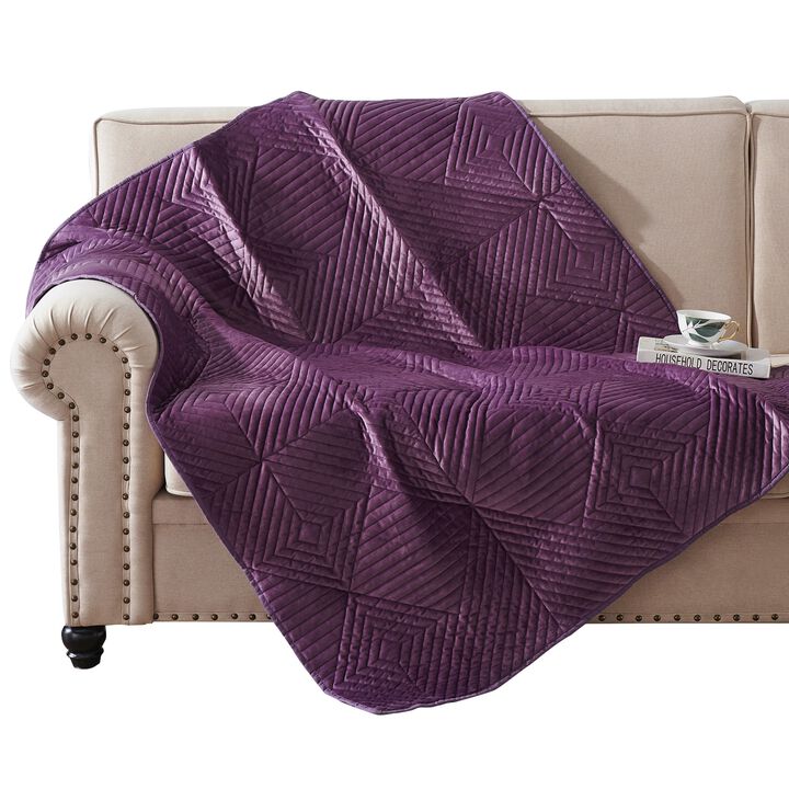 Rio 60 Inch Quilted Throw Blanket, Diamond Stitching, Purple Dutch Velvet-Benzara