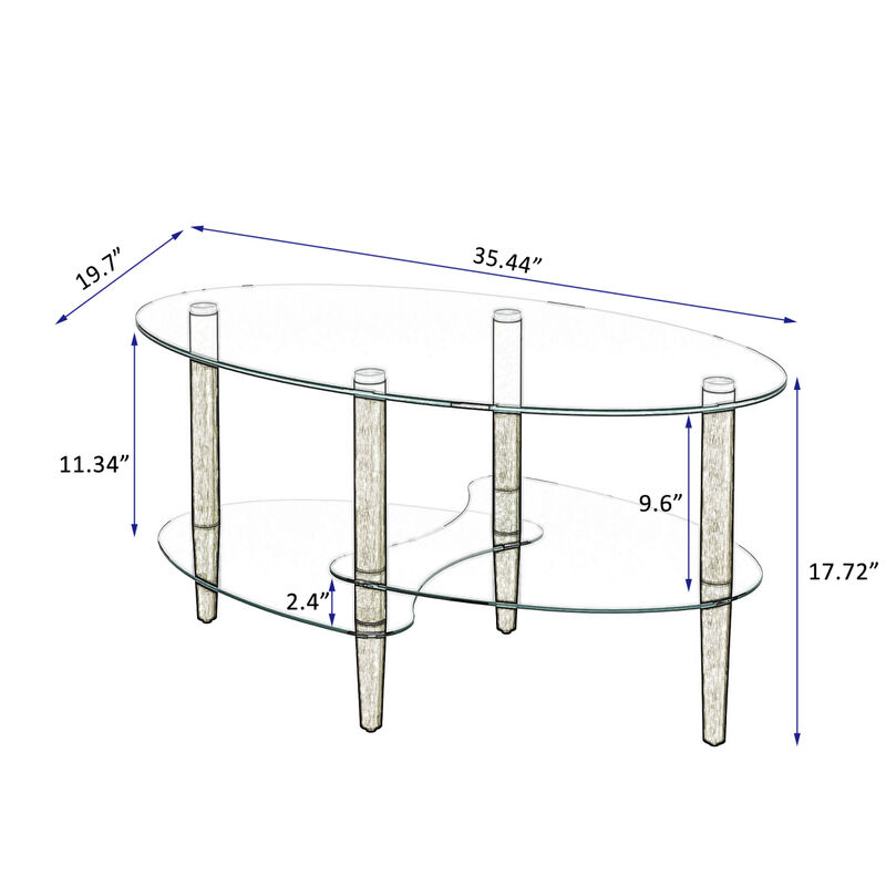 Modern Oval Glass Coffee Table with Oak Wood Legs