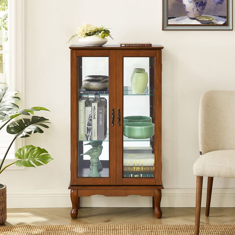 Curio Cabinet Lighted Display Cabinet with Adjustable Glass Shelves and Mirrored Back Panel