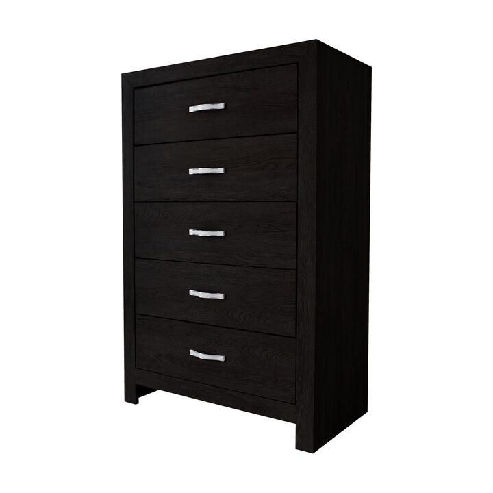 Ancy 48 Inch Tall 5 Drawer Dresser Chest, Faux Diamond Inlay Handles, Black-Benzara