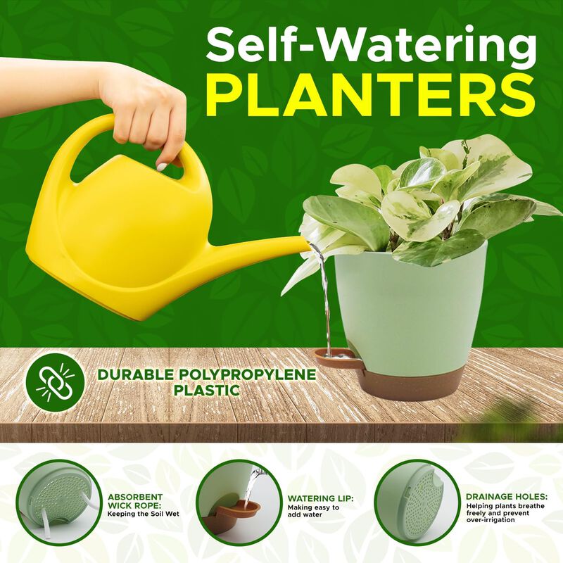 Campior Self-Watering Planters - 5 Size Indoor and Outdoor Plant Pots with Drainage Holes and Wick Rope, Plastic Pot for Succulents, Flowers, and Plants, (7”,6.5”,6”,5.5”,5” Inches), Pack of 20, Black