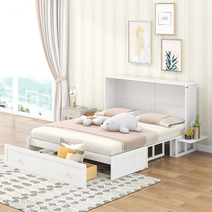 Queen Size Mobile Murphy Bed With Drawer And Little Shelves On Each Side