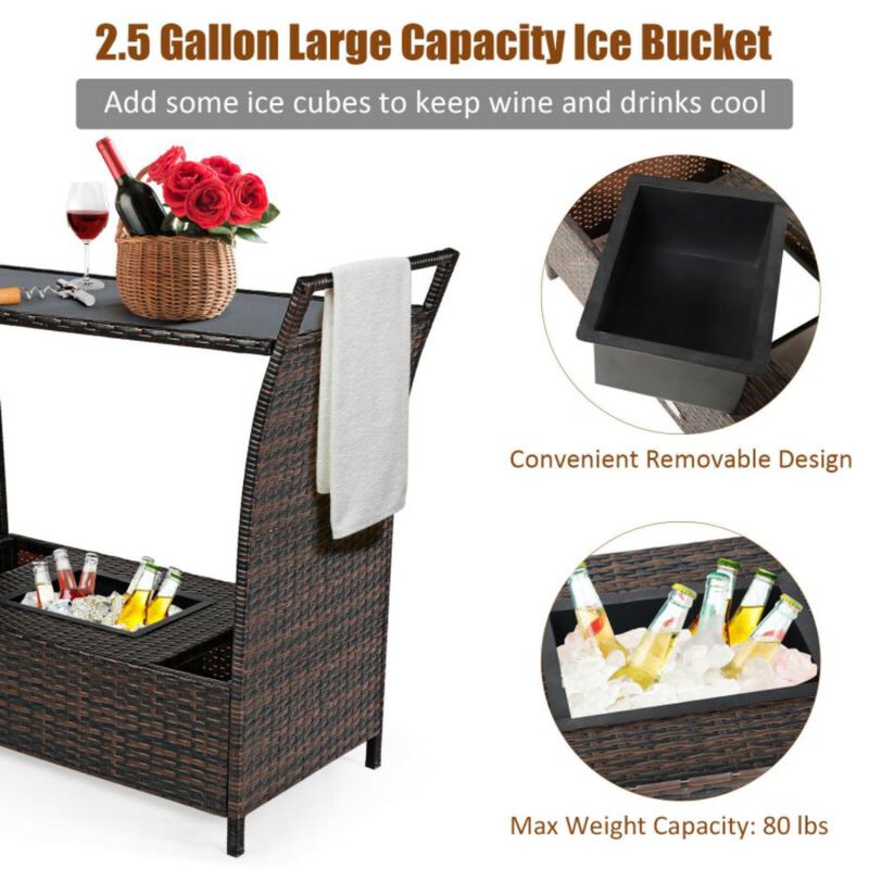Hivvago Patio Rattan Bar Serving Cart with Glass Top and Handle