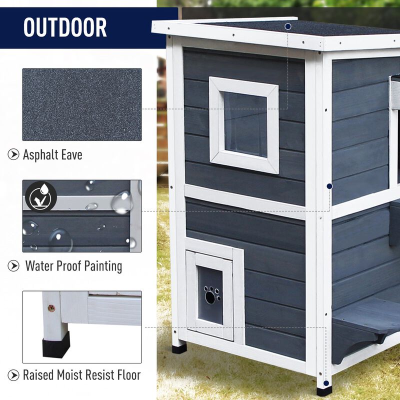Dark Gray Feline Fortress: 2-Floor Outdoor Cat House with Window