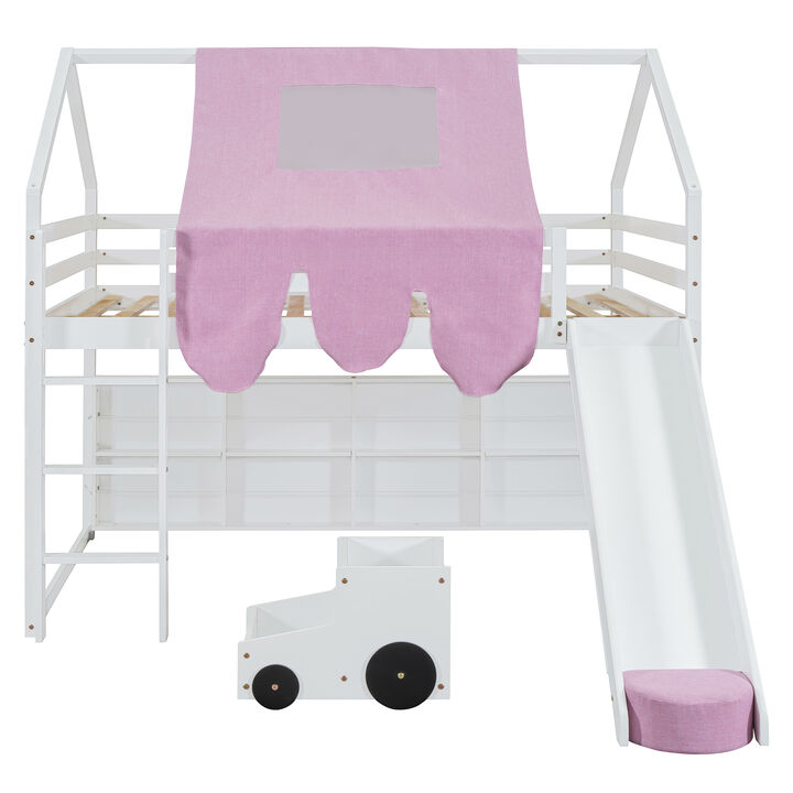 Merax Wooden House-shaped Frame Loft Bed  with a Tent