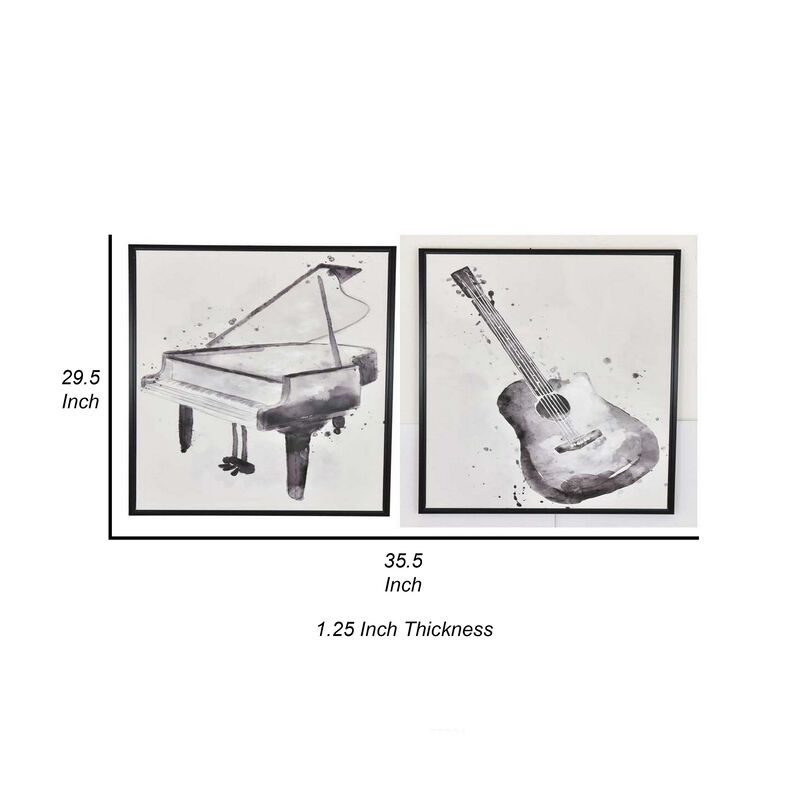 30 x 40 Framed Wall Art Painting Set of 2, Guitar and Piano, Black, White - Benzara