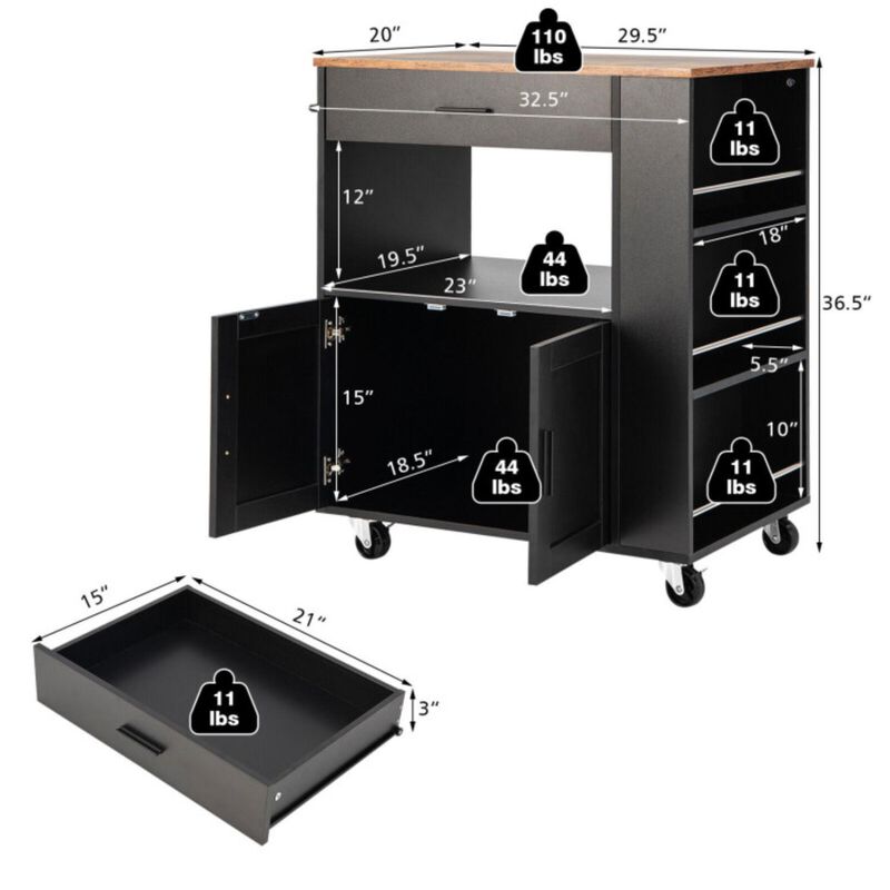 Hivvago Rolling Kitchen Trolley with 3 Spice Racks Drawer and Open Shelf-Black