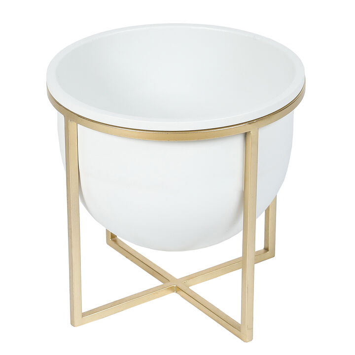 LuxenHome Set of 2 White Metal Cachepot Planters with Gold Metal Stands