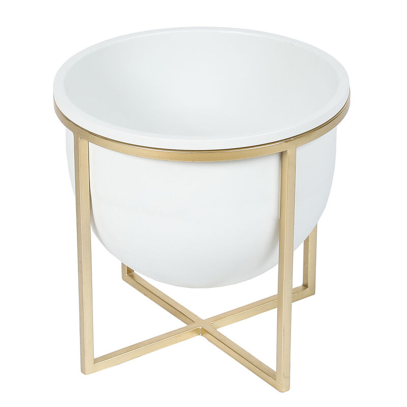 LuxenHome Set of 2 White Metal Cachepot Planters with Gold Metal Stands