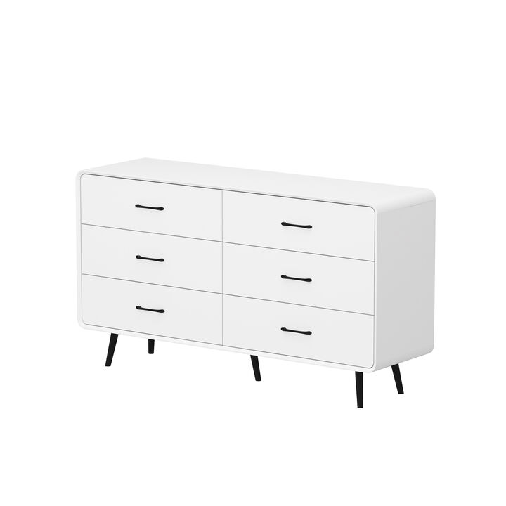FUFU&GAGA Modern 6-Drawer Dresser, White Storage Cabinet with Black Handles & Legs, Spacious Bedroom Chest of Drawers for Clothes, Living Room & Entryway Organizer (54.9" W x 30.8" H x 15.6" D),White