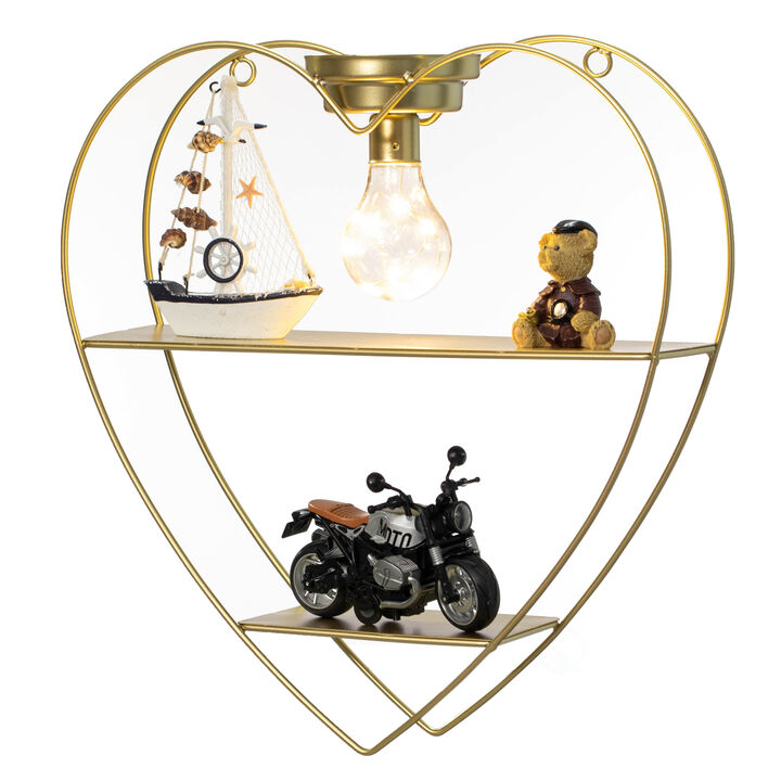 Vintiquewise Heart-Shaped 2-Tier Floating Metal Wall Shelf with Overhead Light Bulb – Decorative Wall-Mounted Shelf for Bedroom, Living Room, Hallway, Bathroom, or Entryway Decor, Gold Finish