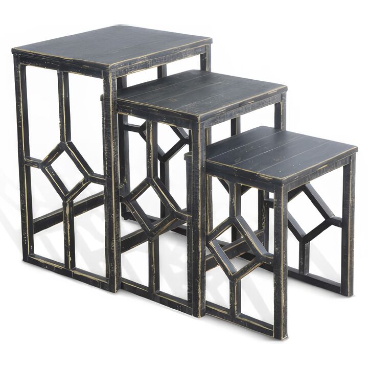 Rena 3 Piece Nesting Accent Table Set, Slatted, Rustic Black Mahogany - Benzara