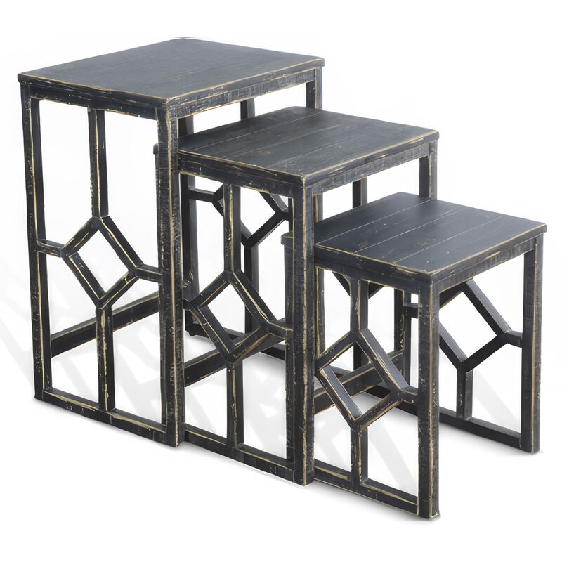 Rena 3 Piece Nesting Accent Table Set, Slatted, Rustic Black Mahogany - Benzara
