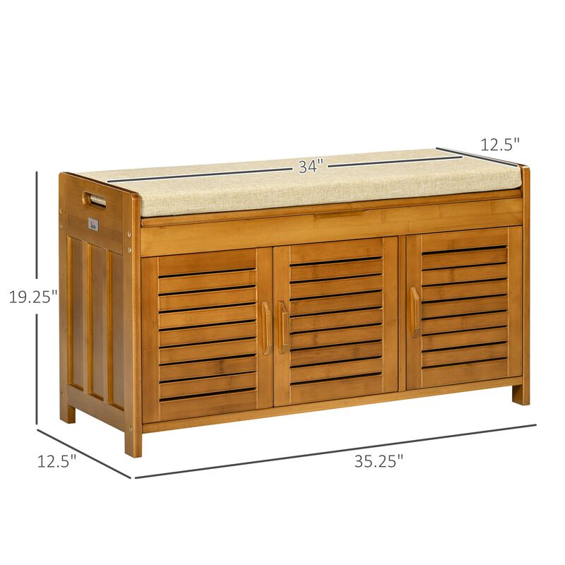 Brown Entryway Storage: Bamboo Shoe Bench with Cushion & Cabinets