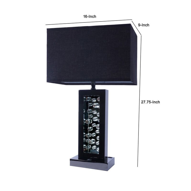 28 Inch Nickel Table Lamp, Black Fabric Shade, Glass Panel and LED Accents-Benzara