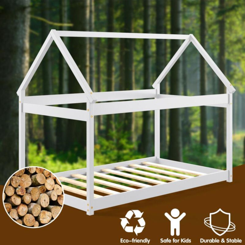 Hivvago Twin Size Kids House Bed Wood Frame with Roof