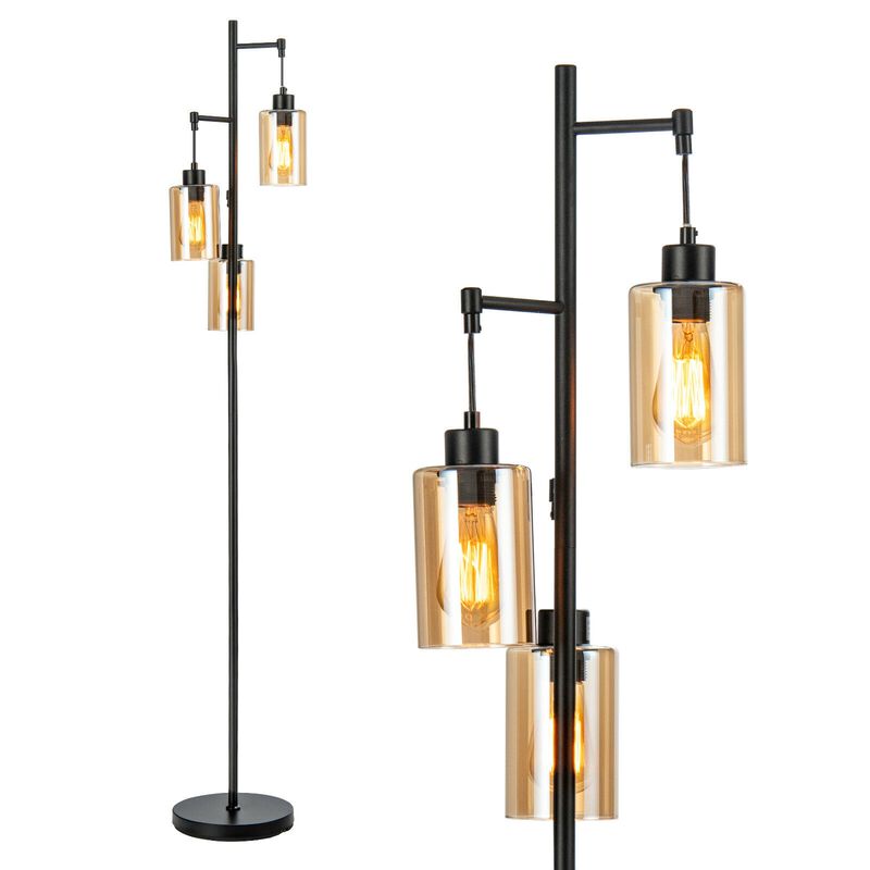 Floor Lamp with 3-Head Hanging Amber Glass Shades for Living Room or Bedroom Decor