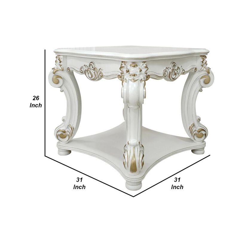Jess 31 Inch Side End Table, Classic Scrolled Legs, White, Brushed Gold  - Benzara
