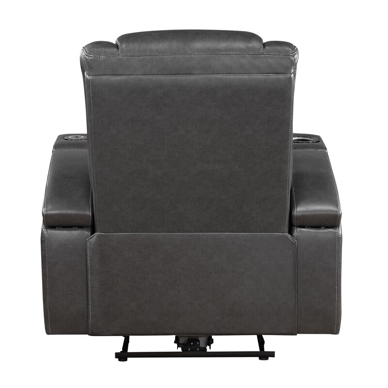 Emily 38 Inch Power Recliner Chair, Cooling Cupholder, LED, Gray PU Leather - Benzara