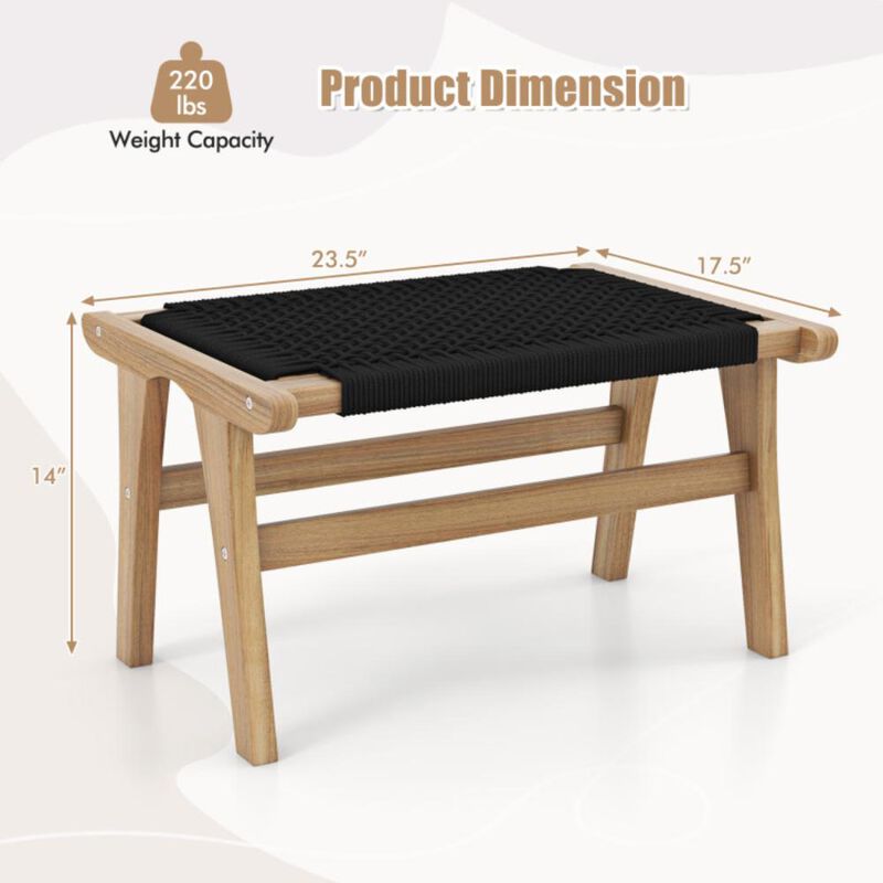 Hivvago Indoor Outdoor Ottoman Footstool Teak Wooden Foot Rest with Handwoven Cordage