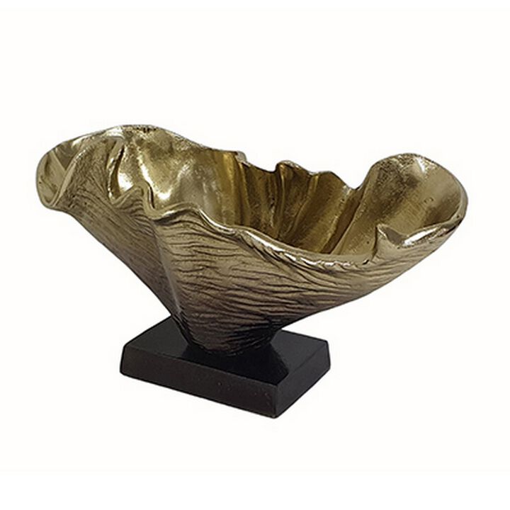 15 Inch Curved Shell Decorative Bowl, Aluminum, Square Base, Gold and Black - Benzara