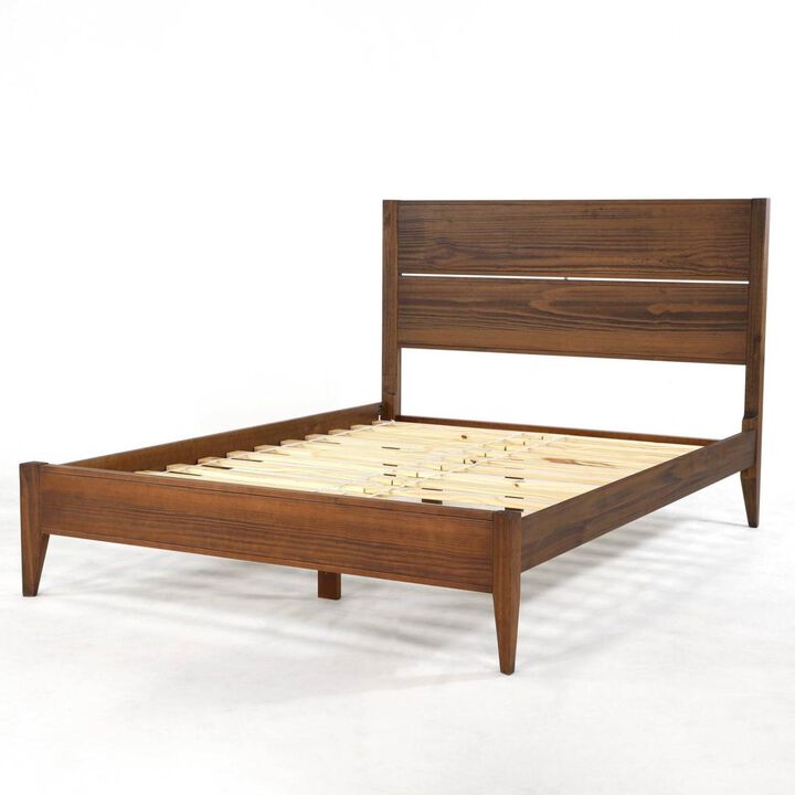 Hivvago Full Size Rustic Walnut Mid Century Slatted Platform Bed