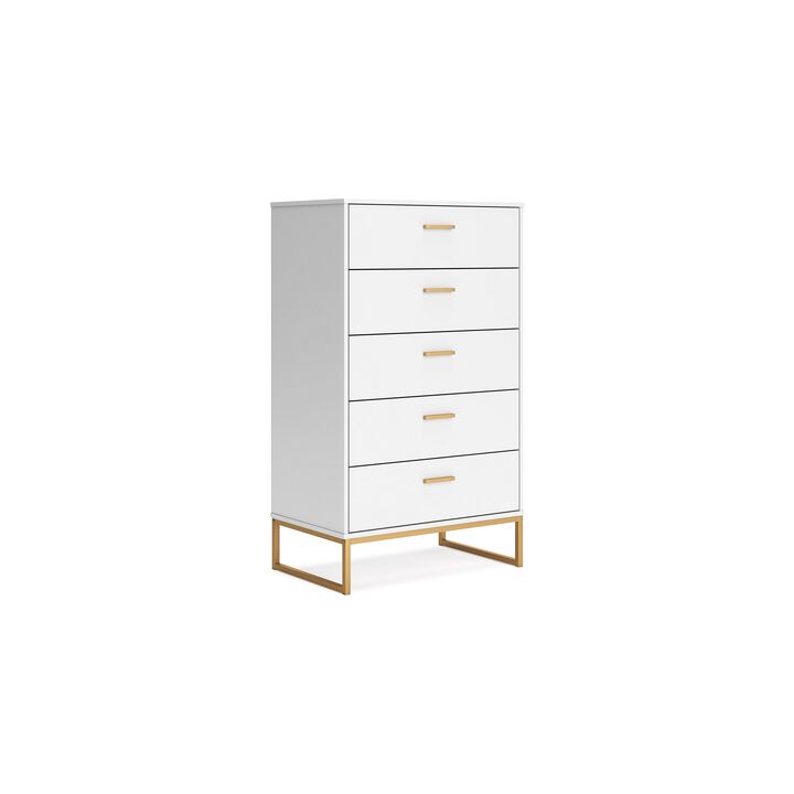 Alli Tall Dresser Chest, 5 Drawers, Matte White, Gold Metal, 51 Inch - Benzara