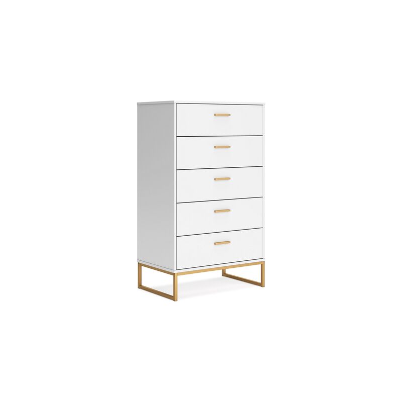Alli Tall Dresser Chest, 5 Drawers, Matte White, Gold Metal, 51 Inch - Benzara