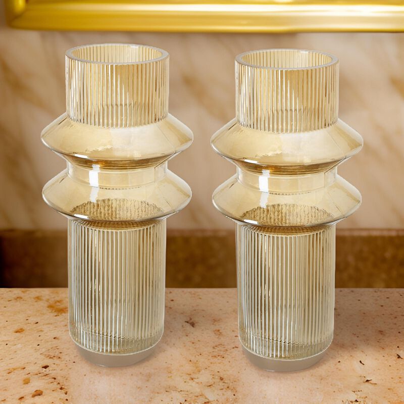 Rae Set of 2 Glass Vases, Tall Round Cylinders, Amber Yellow, Clear Finish-Benzara