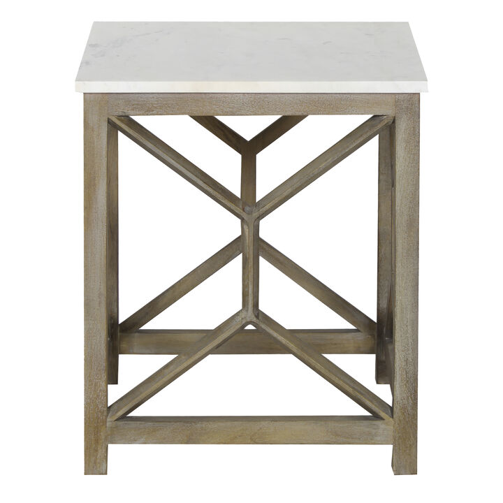 Agas Side End Table, 22 Inch Square White Genuine Marble Top, Sandblasted Washed Ash Gray Mango Wood Geometric Frame