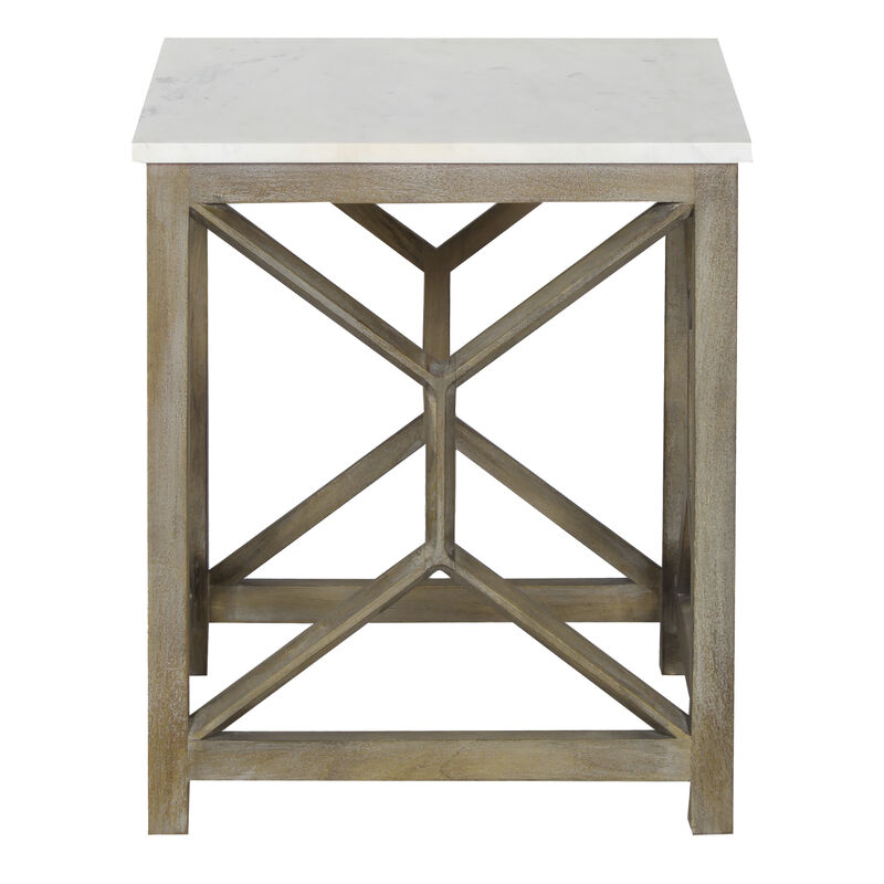 Agas Side End Table, 22 Inch Square White Genuine Marble Top, Sandblasted Washed Ash Gray Mango Wood Geometric Frame