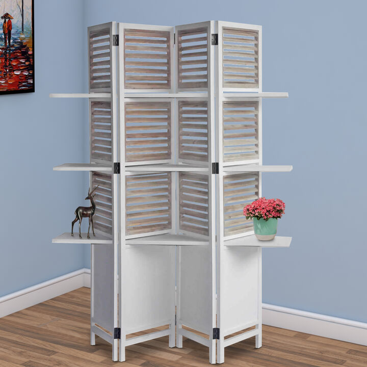 Contemporary 4 Panel Wooden Screen with Art Styled Shutter Design, White - Benzara
