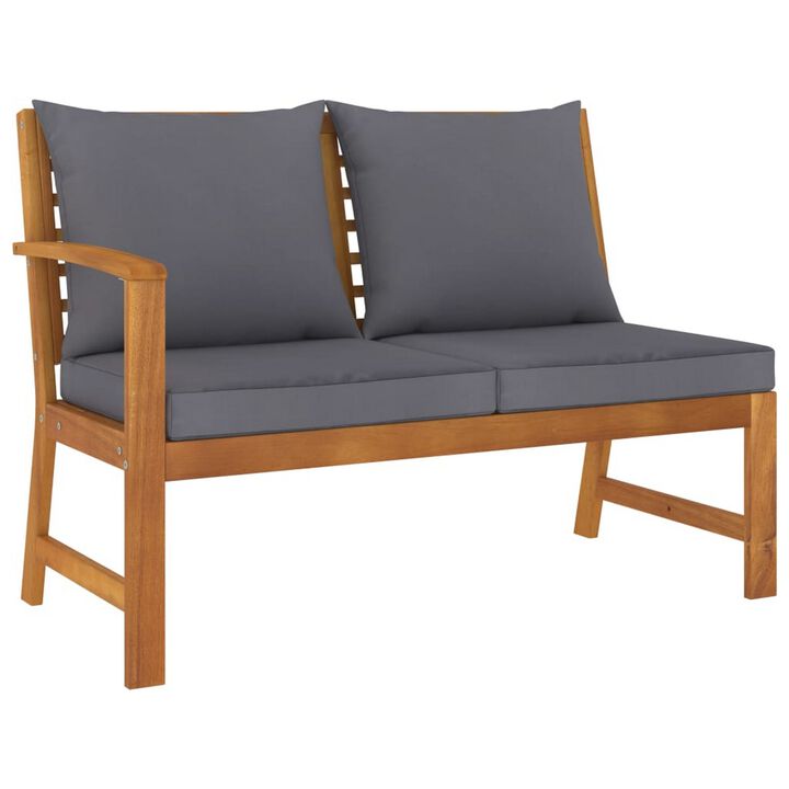 Patio Bench w Gray Cushions, Slatted Brown Solid Acacia Wood, 45 Inch - Benzara