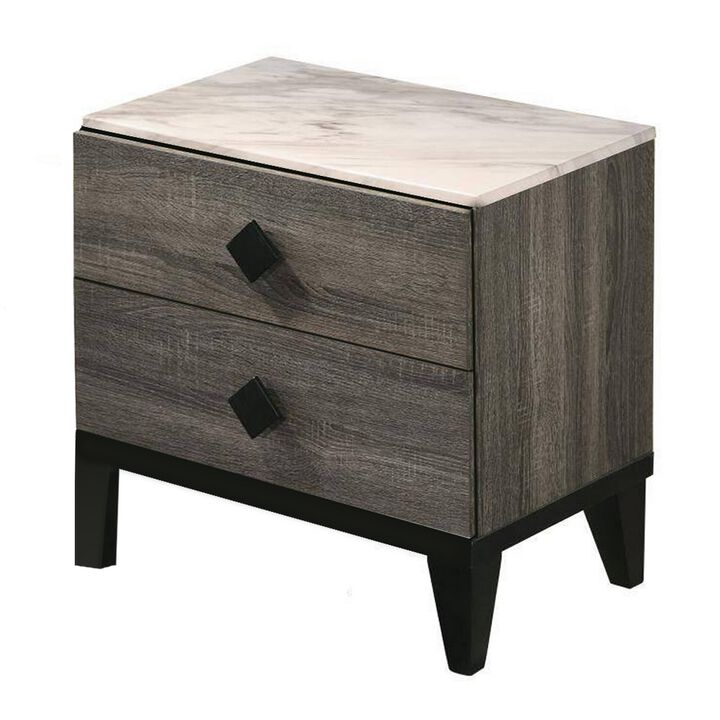 2 Drawer Wooden Nightstand with Grains and Angled Legs, Gray - Benzara