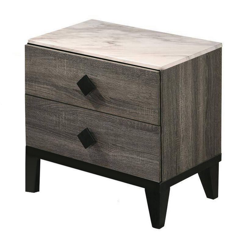 2 Drawer Wooden Nightstand with Grains and Angled Legs, Gray - Benzara