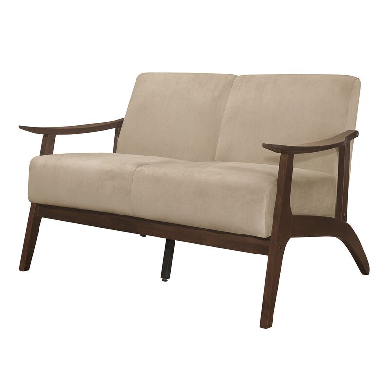 Rica 51 Inch Loveseat, Curved, Soft Beige Velvet, Walnut Brown Solid Wood - Benzara